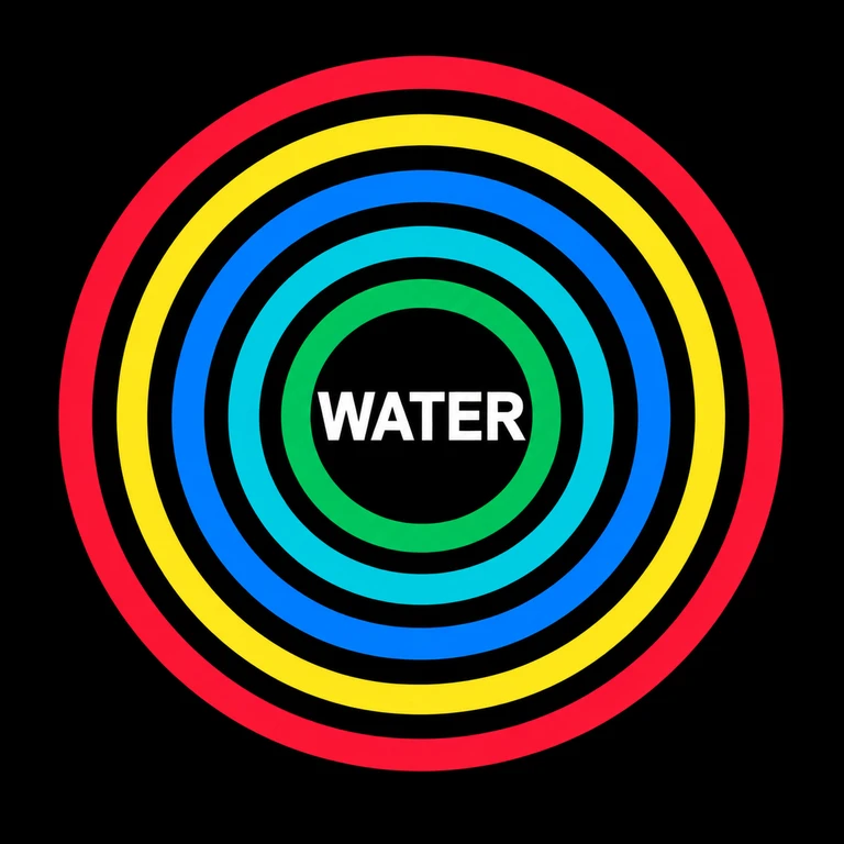 WATER logo: five concentric rings in red, yellow, blue, cyan, and green.